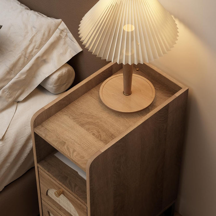 Narrow Nightstand for Small Spaces - 9.3" Slim Side Table with Rattan-Weave Drawers, Skinny Bedside Table with Open Shelf, Rustic Tall Thin Gap Filler for Bedroom, Caramel Oak, Set of 2