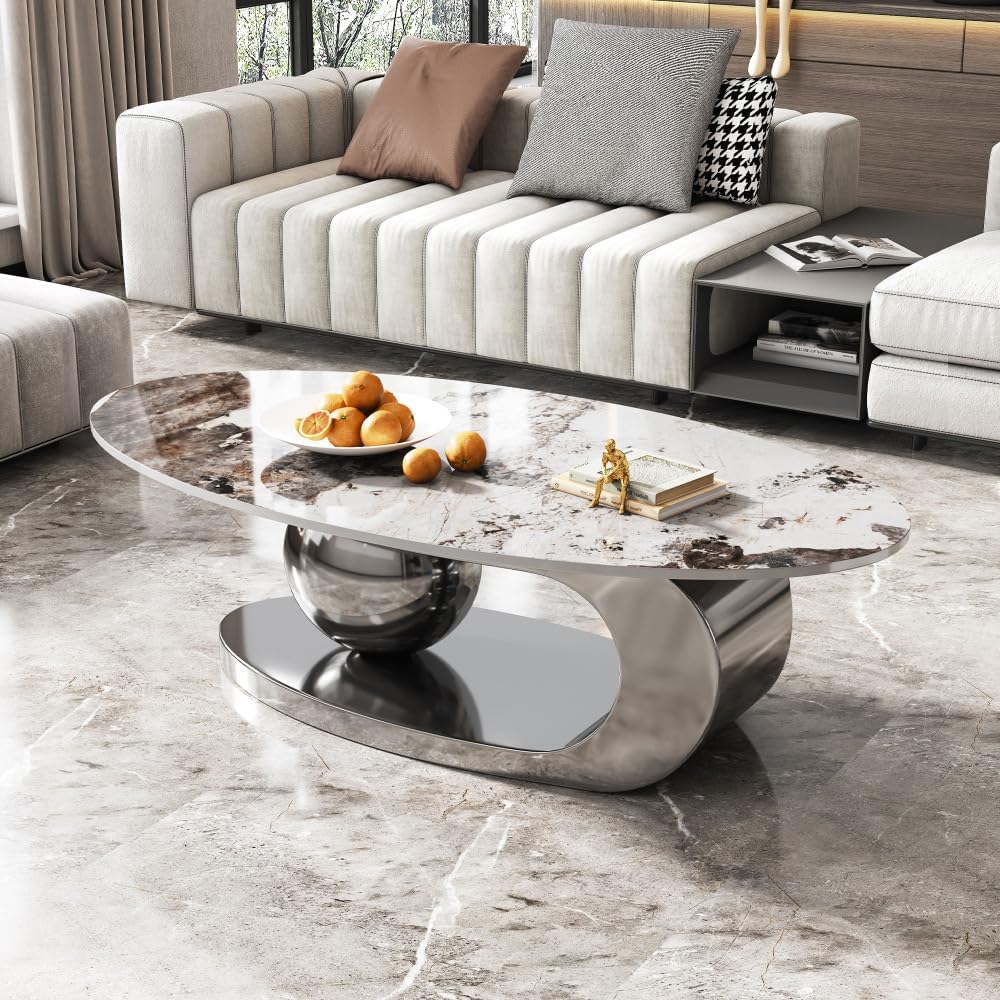 ZOEDO 49.2 Inches Oval Faux Marble Coffee Table for Living Room with Stainles...