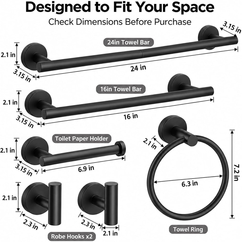 Bathroom Hardware Set, 6-Piece Matte Black 24 Inch Towel Bar, Wall Mounted