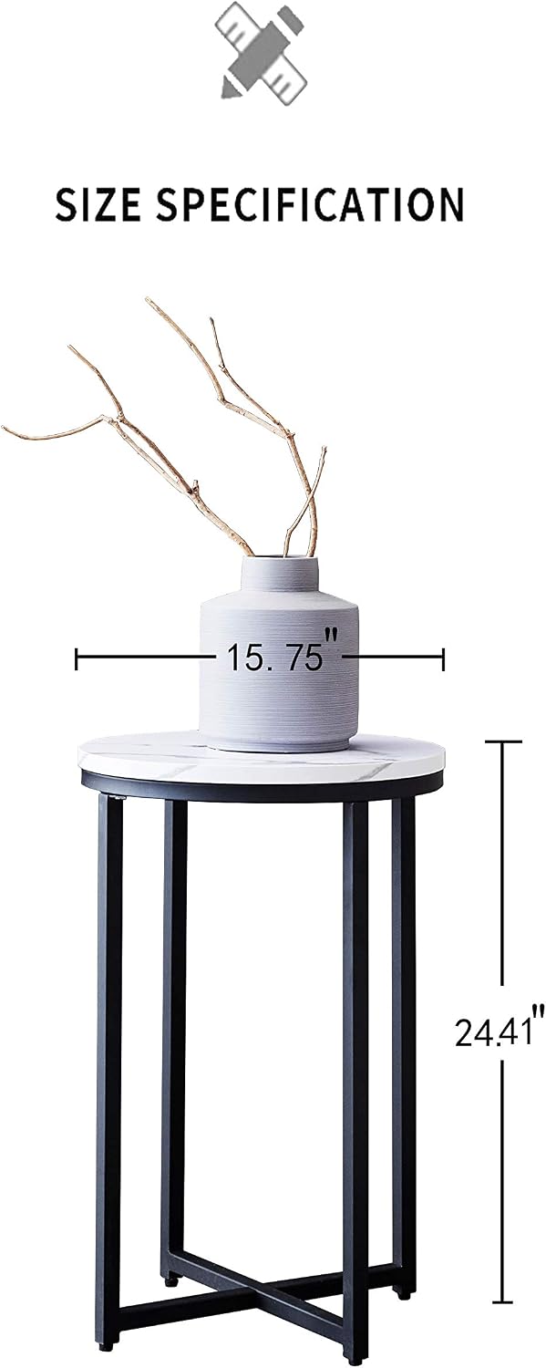 Modern Side Table with Faux Marble MDF Top, Black Metal X-Base, Compact End T...
