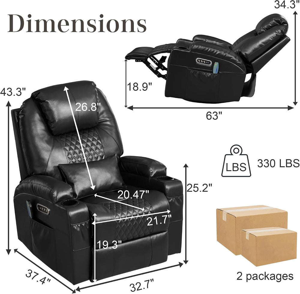 AHMED Dual Motor Power Swivel Rocker Recliner Chair, Faux Leather, Black | El...