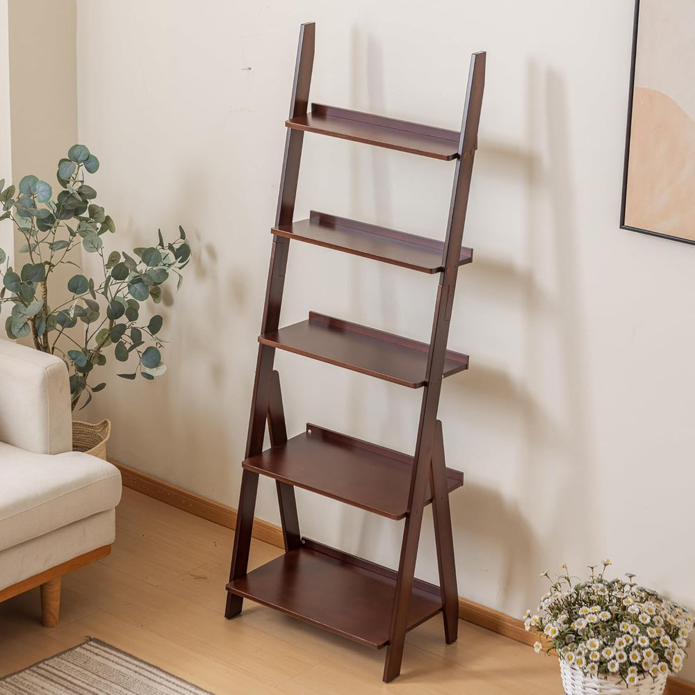 DOUSY-5-Tier Ladder Shelf Bookcase, Bamboo Ladder Bookshelf Leaning Book Shel...