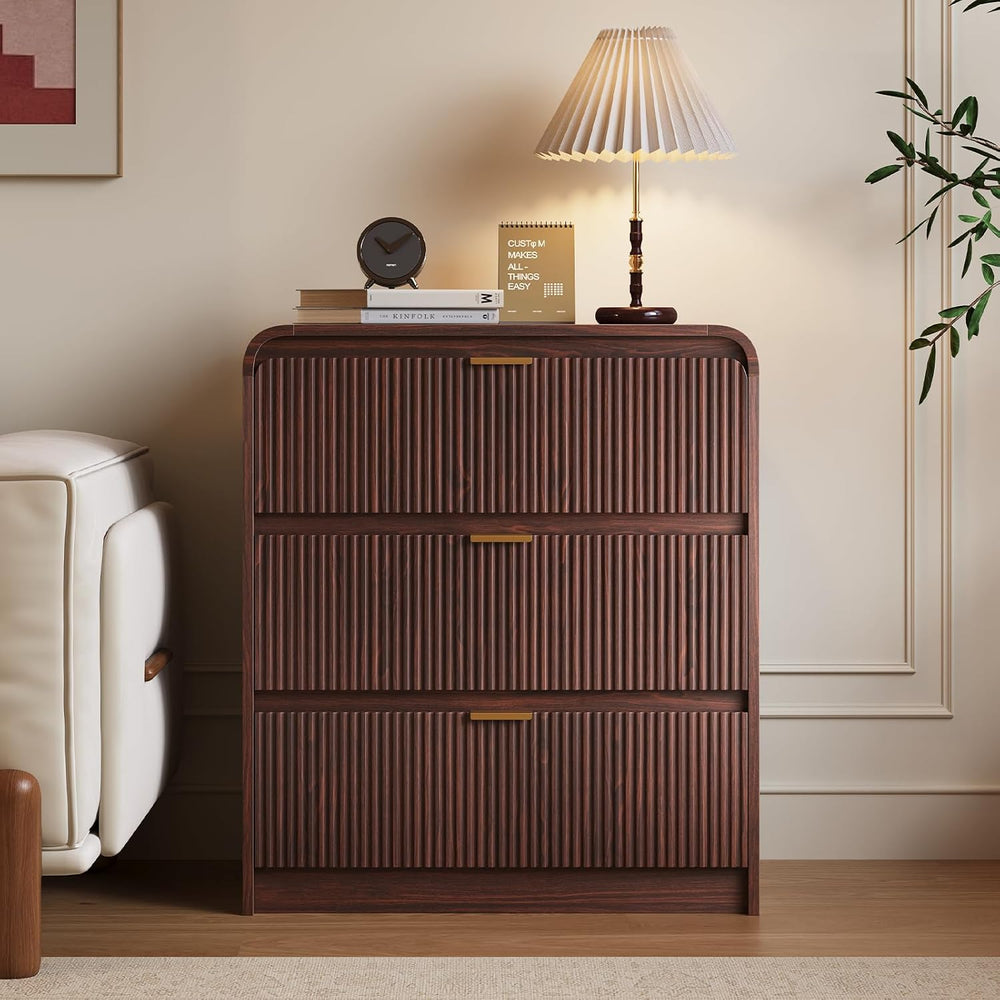 FURSUN 32" Tall Fluted Nightstand Set of 2, 3 Drawers Wooden End Table w...