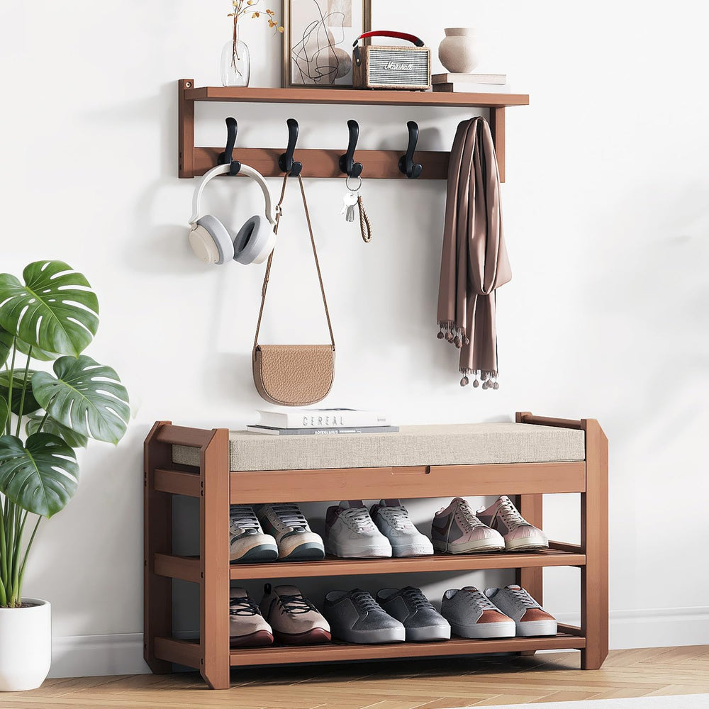 27.6" Bamboo Shoe Bench with Cushion, 5 Hooks Coat Rack, 2-Tier Storage ...