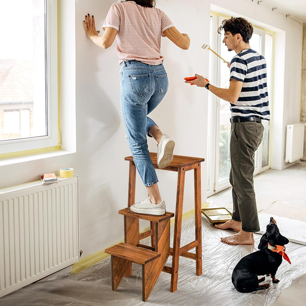 Giantex 3 Tier Folding Step Ladder, Multifunction 3-in-1 Wood Step Stool, Dis...