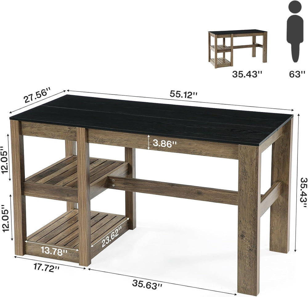 Tribesigns 55" Kitchen Island with Storage Shelves, Rustic Brown and Bla...