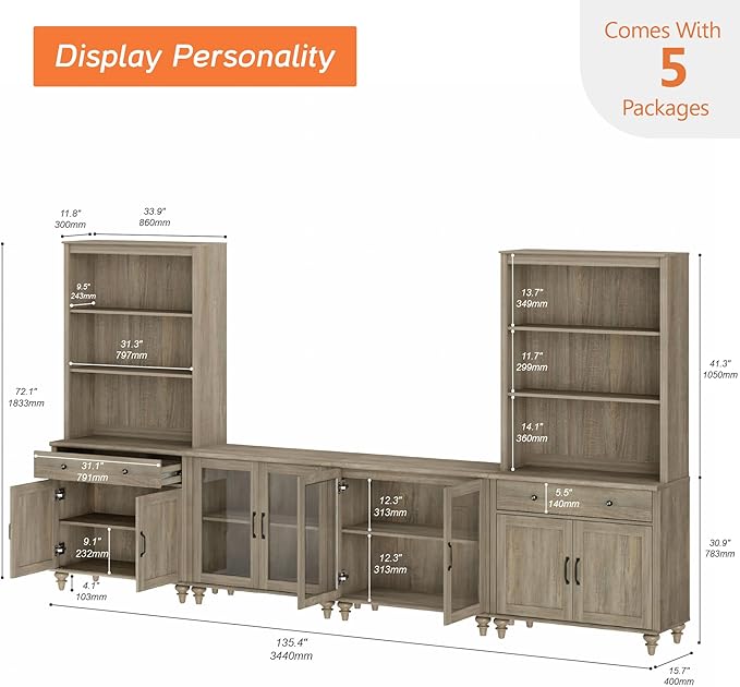WAMPAT Entertainment Center with Bookshelves for TVs up to 75", Farmhous...
