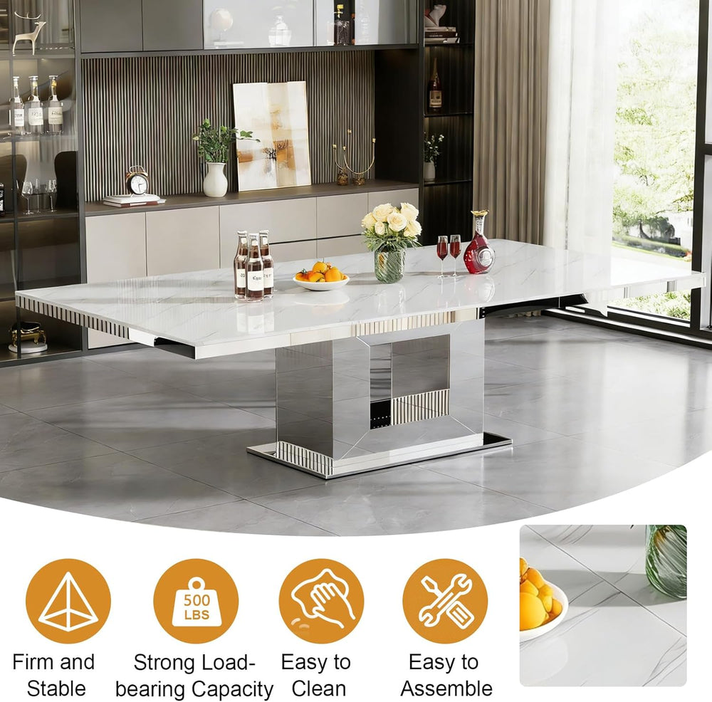 94 in Large Extendable Dining Table for 6 8 10, White Marble Pattern Top &...