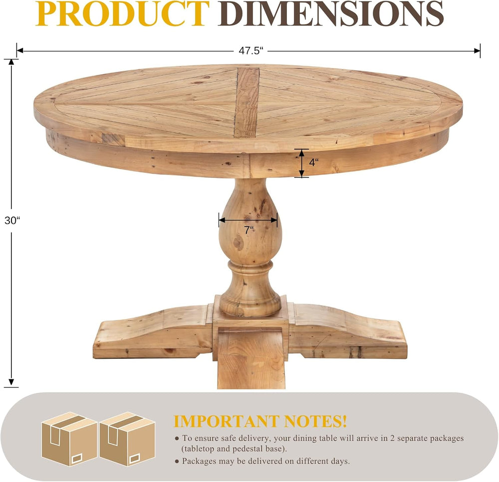 47" Round Dining Table with Wooden Pedestal Base, Reclaimed Pine Wood Di...