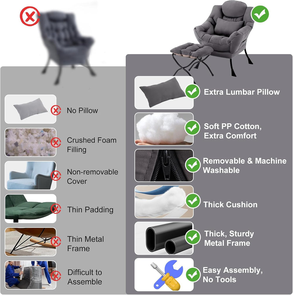 Lazy Chair with Ottoman, Comfy Chair with Pillow,Dark Grey