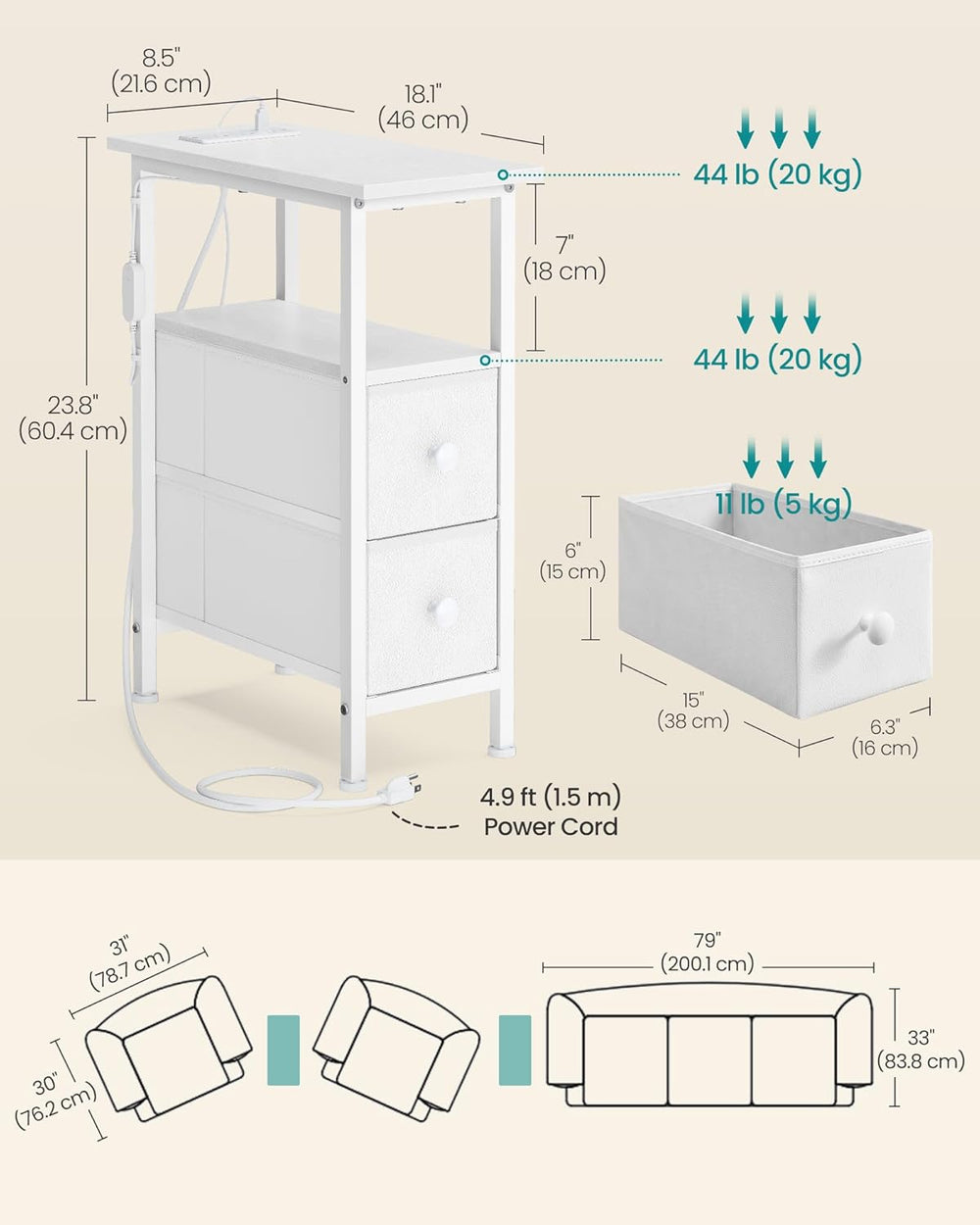 SONGMICS Side Table with LED Light, Narrow End Table with 2 Fabric Drawers