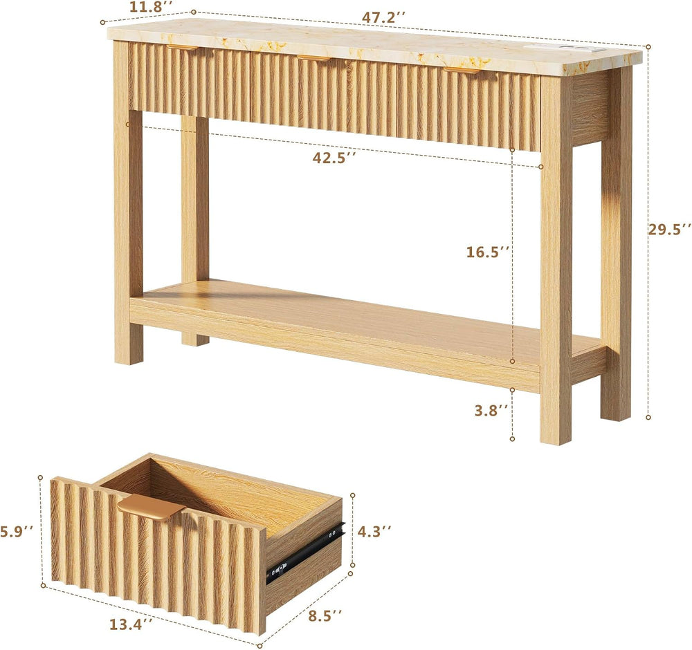 HUAHUU 47.2" Fluted Console Table with 3 Drawers, Long Sofa Table with S...