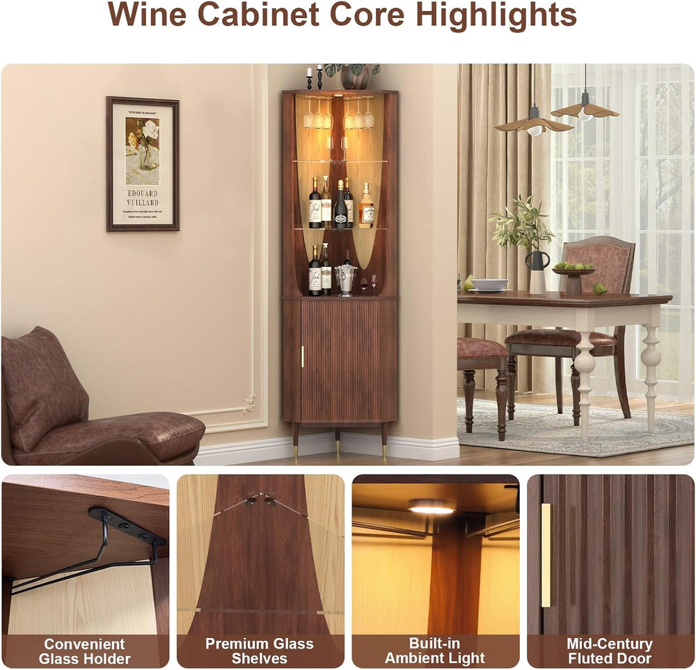 JOINICE Tall Corner Bar Cabinet for liquor,Mid-Century Modern,Walnut,70"