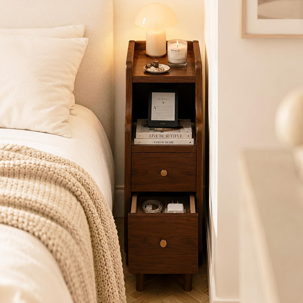 YUNMUARY-Narrow Side Table,Walnut Nightstand,Mid Century Modern Nightstands,N...
