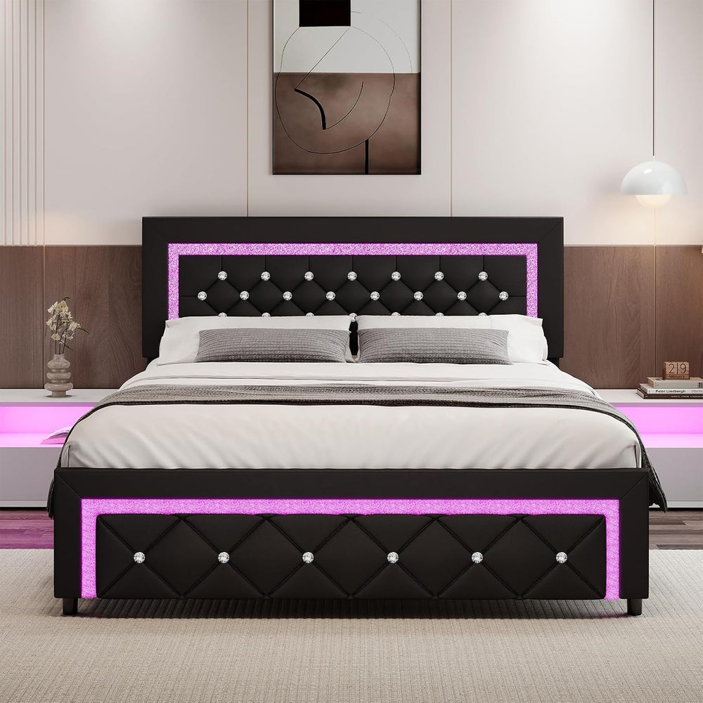 BarnFurin Queen Bed Frame with LED Lights, Diamond Tufted Headboard, Black