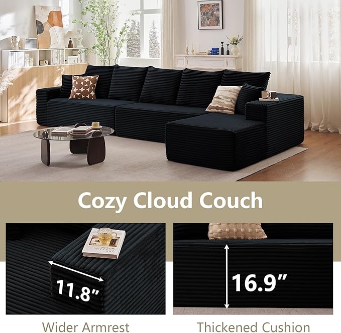 166.9" Cloud Sectional Couch with L-Shape Chaise, Upholstered Corduroy C...