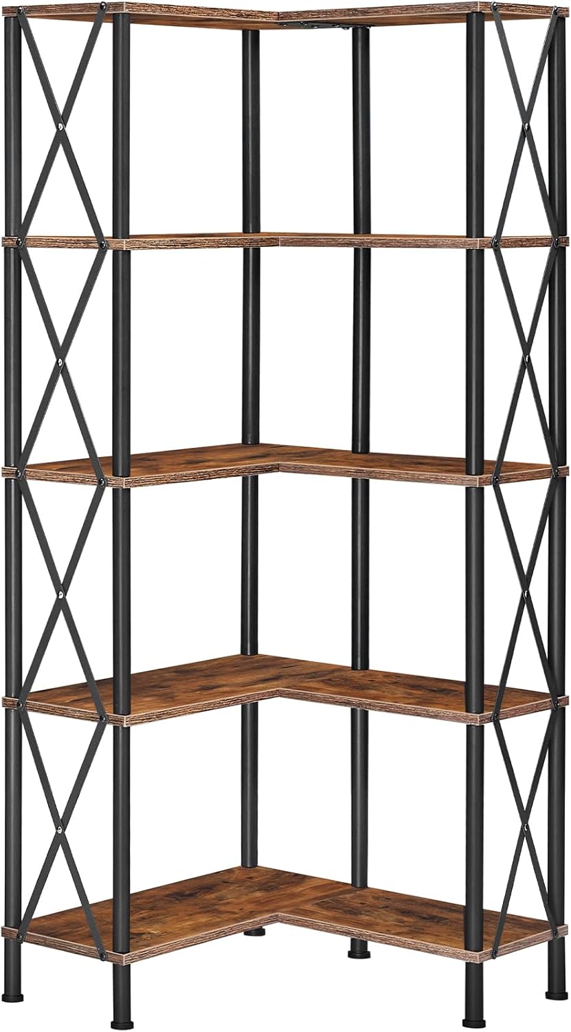 HOOBRO Corner Bookshelf, 5-Tier L-Shaped Bookcase, Industrial Open Display Sh...