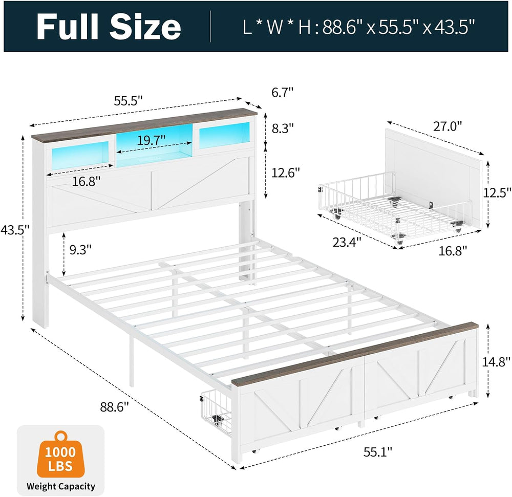 Yoobure Full Size Bed Frame with Headboard, Farmhouse Full Bed Frame, White