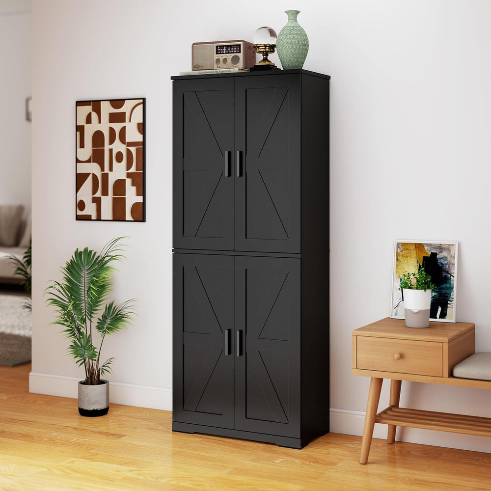 Farmhouse Storage Cabinet with 4 Door, Kitchen Pantry Storage with 4 Adjustab...