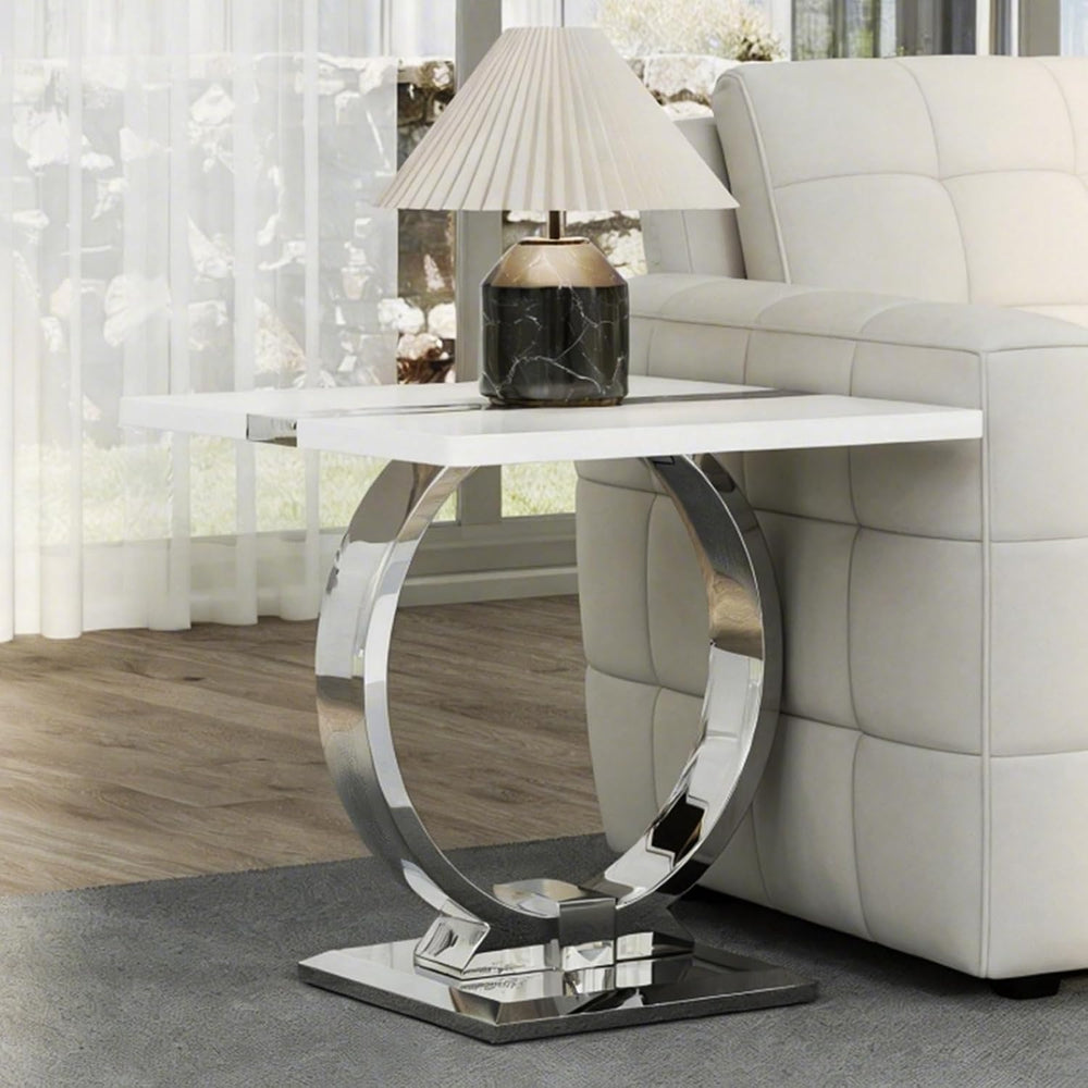 Asday 23.6" White and Silver End Table, Modern Side Table with Glossy Wo...