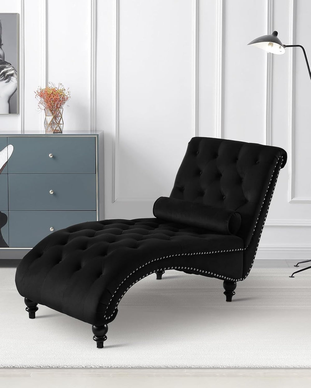 Black Velvet Chaise Lounge Indoor with Toss Pillow, Modern Pink Chaise Lounge...