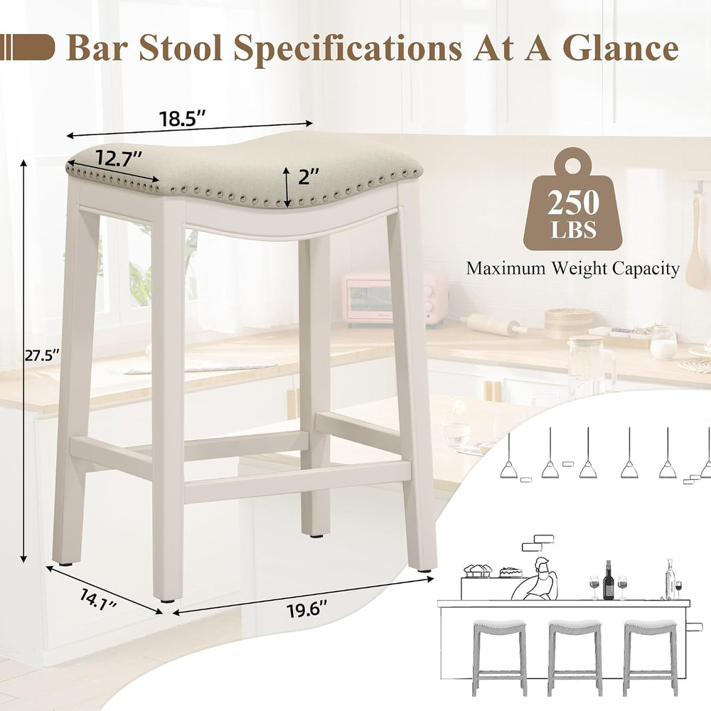 27" Backless Saddle Counter Stools Set of 3, Hand-brushed Wood Finish Legs