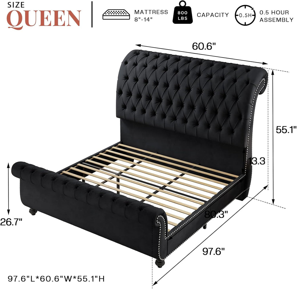 Jocisland Queen Size Bed Frame with Sleigh Headboard & Footboard, Black
