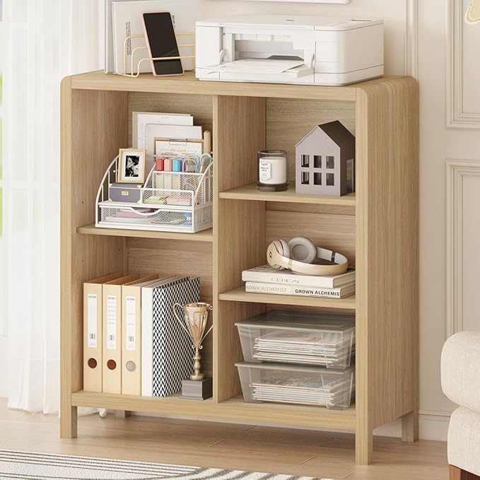 FATORRI 5 Cube Bookshelf, Wood Bookcase with 3 Adjustable Shelves, Modern Cub...