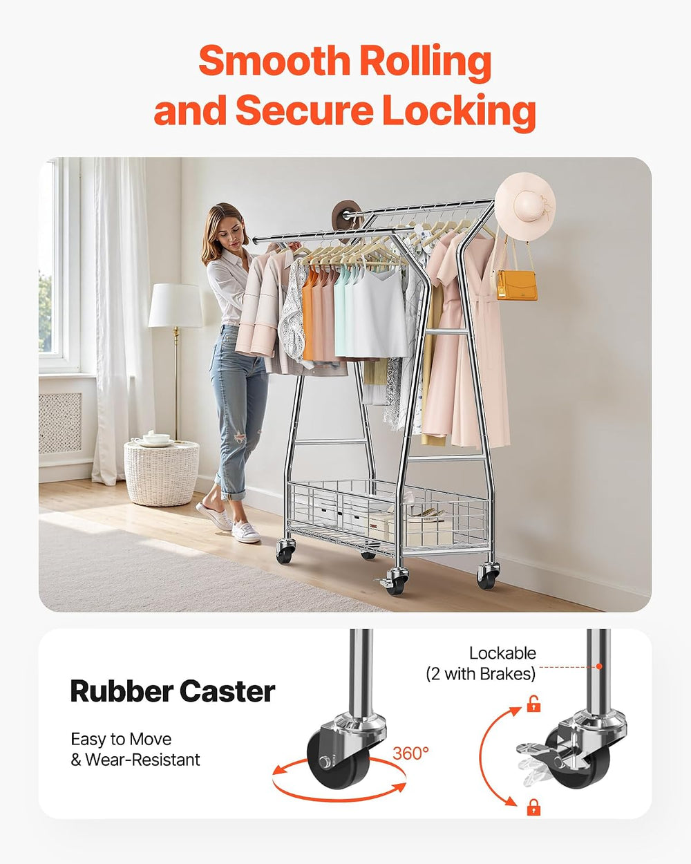 VEVOR Clothes Rack, Rolling Clothing Garment Rack, Extendable Carbon Steel Cl...