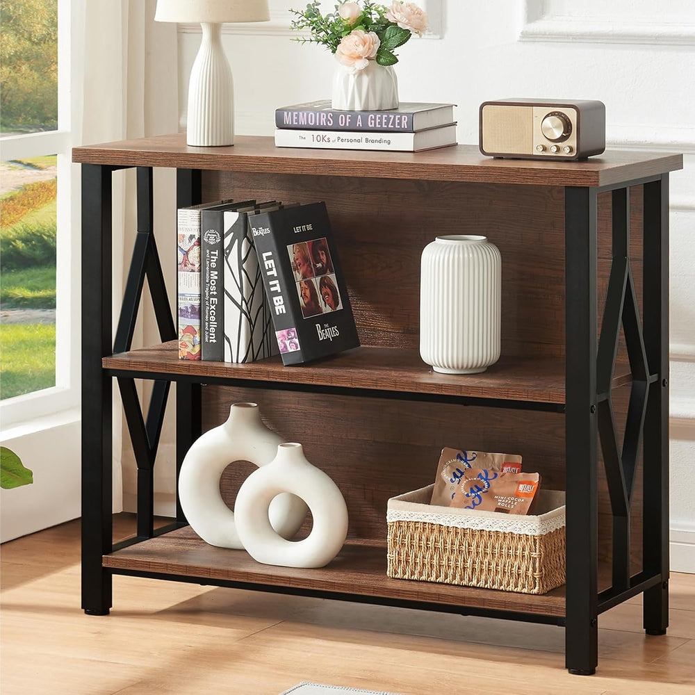 HOMISSUE Bookshelf, 3-Tier Rustic Short Bookshelf, Industrial Shelf Bookcase ...