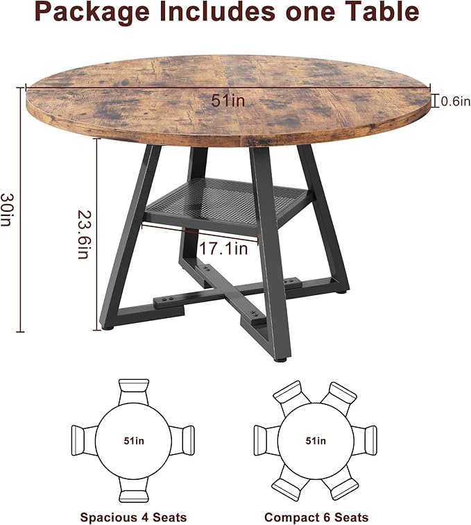 51'' Round Dining Table for 6,Kitchen Dining Room Circle Dinner Pedes...