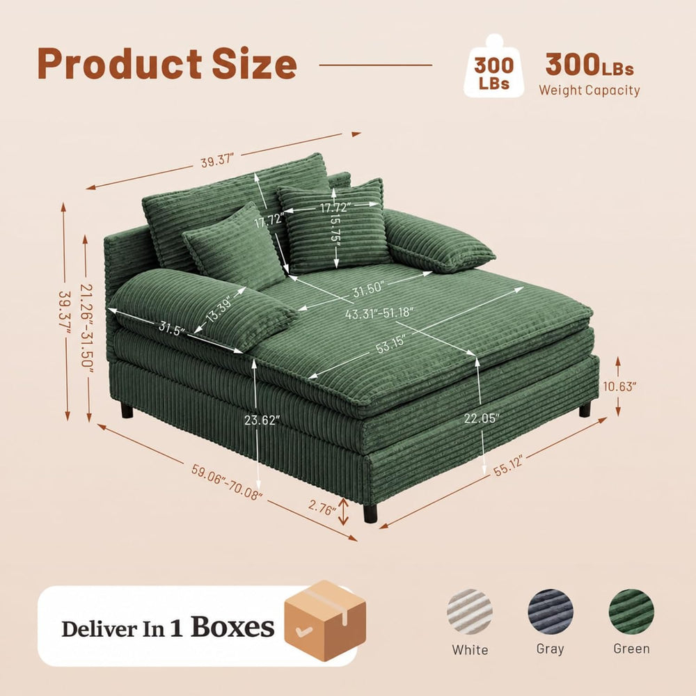 55" W Reclining Chaise Lounge Chair Indoor with 4-Gear Adjustable Backre...
