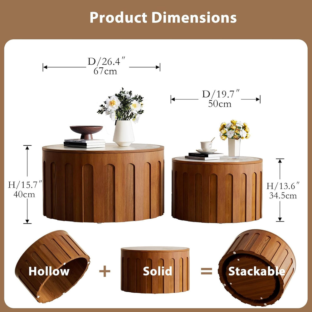 Modern Fluted Nesting Coffee Table Set of 2 | 26.4 in & 19.7 in Round Dru...