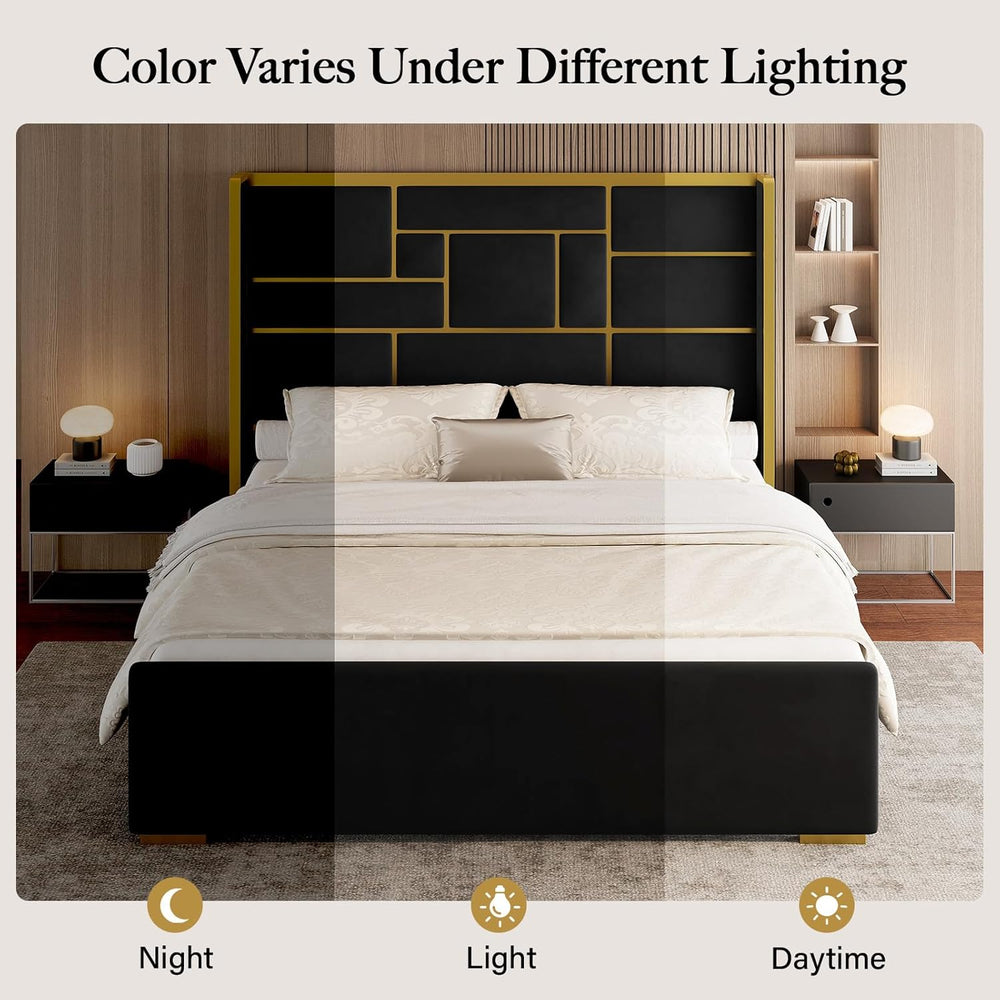 Queen Bed Frame with Gold Trim Headboard, Upholstered Bed, Black