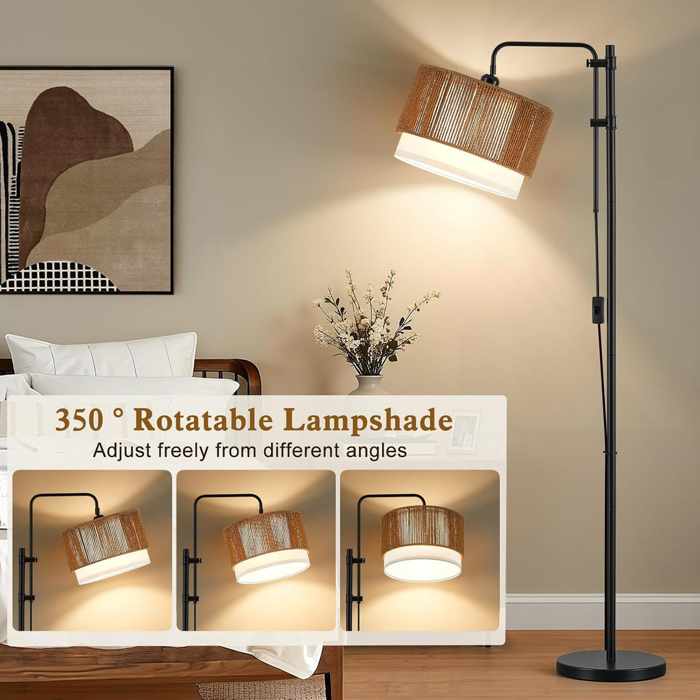 GyroVu Rattan Floor Lamp for Living Room, Adjustable Height Standing Lamp
