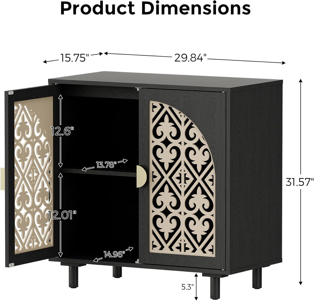 Decorative Storage Cabinet Sideboard with Hollow Carved Panels, 2 Doors, Natu...