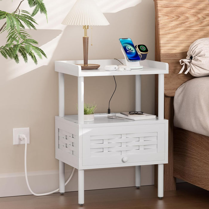 Amazer White Nightstand with Charging Station, Bamboo Night Stand for Bedroom, Bedside Table with USB Ports & Outlets, End Table with Lift-Up Drawer & Open Shelf