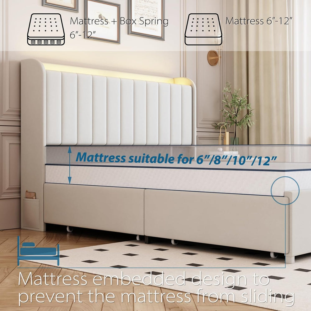 Full Bed Frame with 4 Drawers and Storage Headboard, Upholstered Platform Bed...