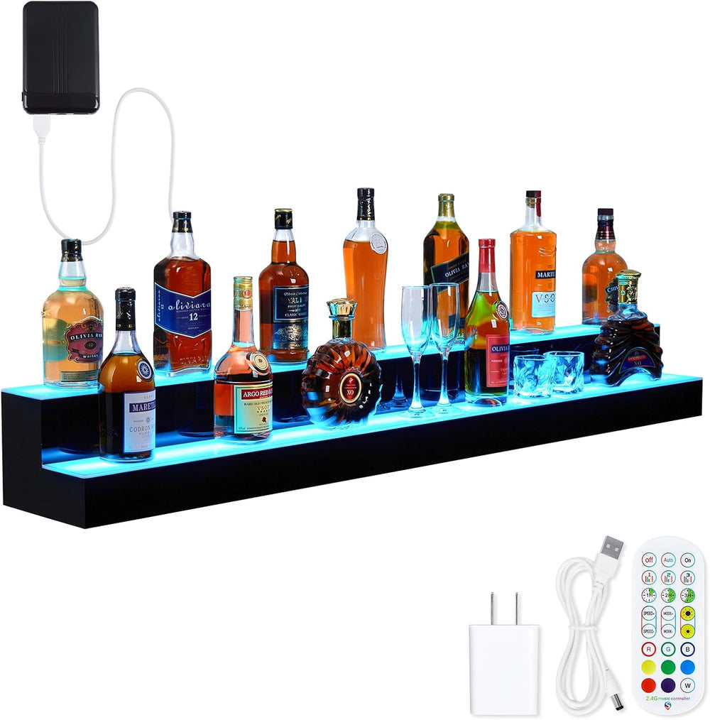 60-Inch 2-Tier LED Liquor Bottle Display Shelf with Multicolor Lighting, RF R...