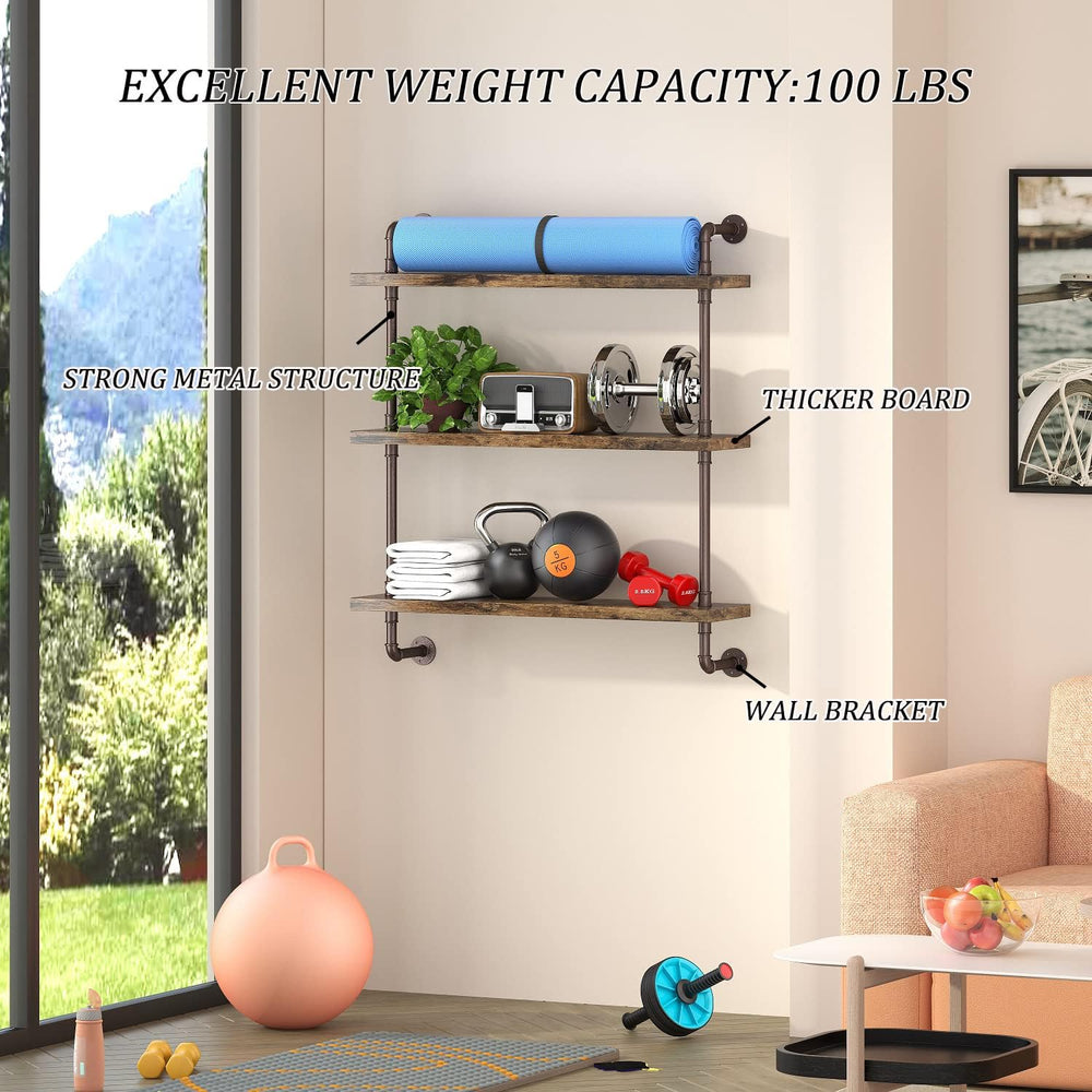 Helsin 3 Tier Industrial Pipe Shelf Rustic Wood Floating Shelves,Wall Display...