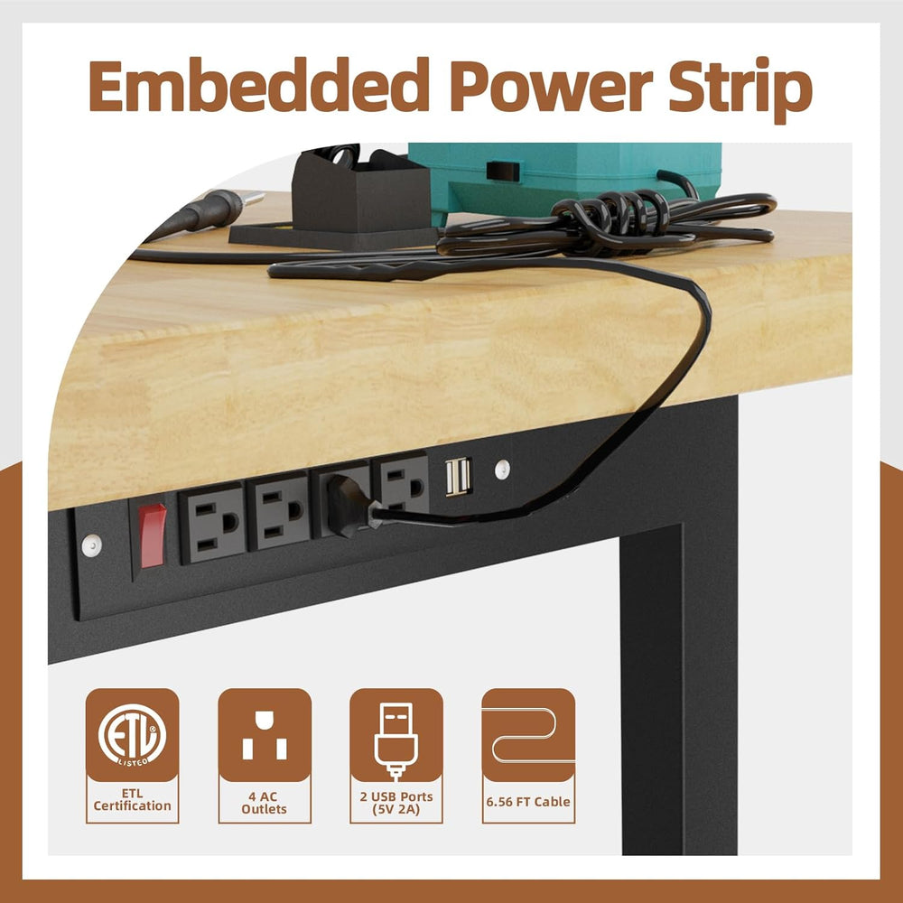 60'' Adjustable Workbench, Solid Wood Work Bench Table with Wheels an...