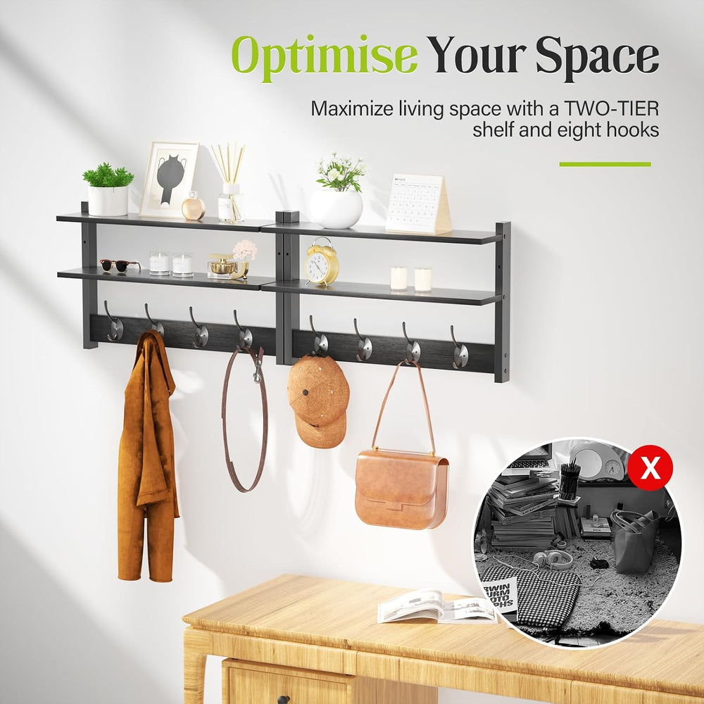 2 Tier Coat Rack Wall Mount with Shelf, 33" Wall Shelf with Hooks, Entry...