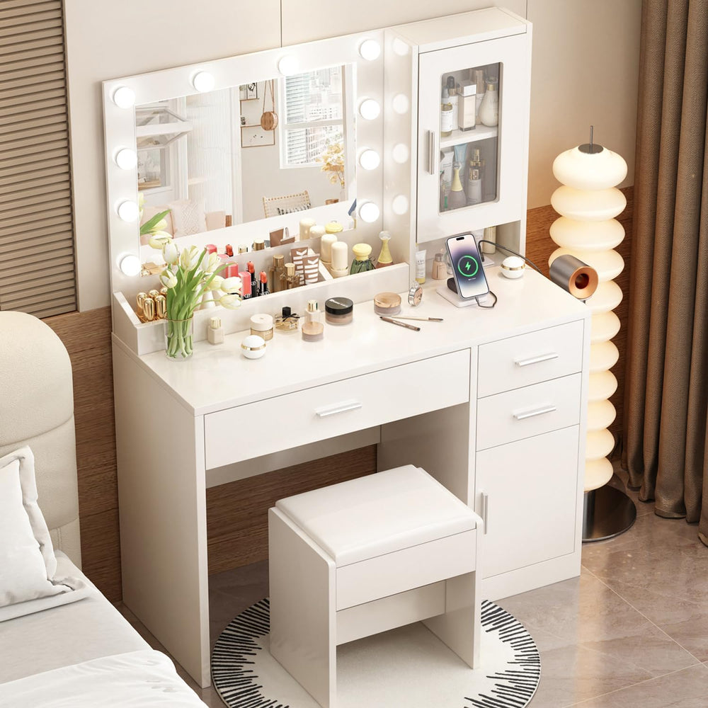 Makeup Vanity Desk set with LED Lights Mirror Chair