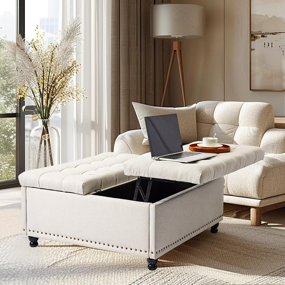 Redlife 35 Inch Large Square Storage Ottoman, Coffee Table Ottoman, Linen | L...