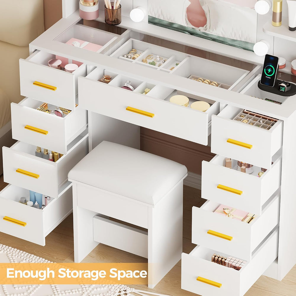 BEWISHOME Large Vanity Desk with Mirror and Lights,Glass Top,9 Drawers | Whit...