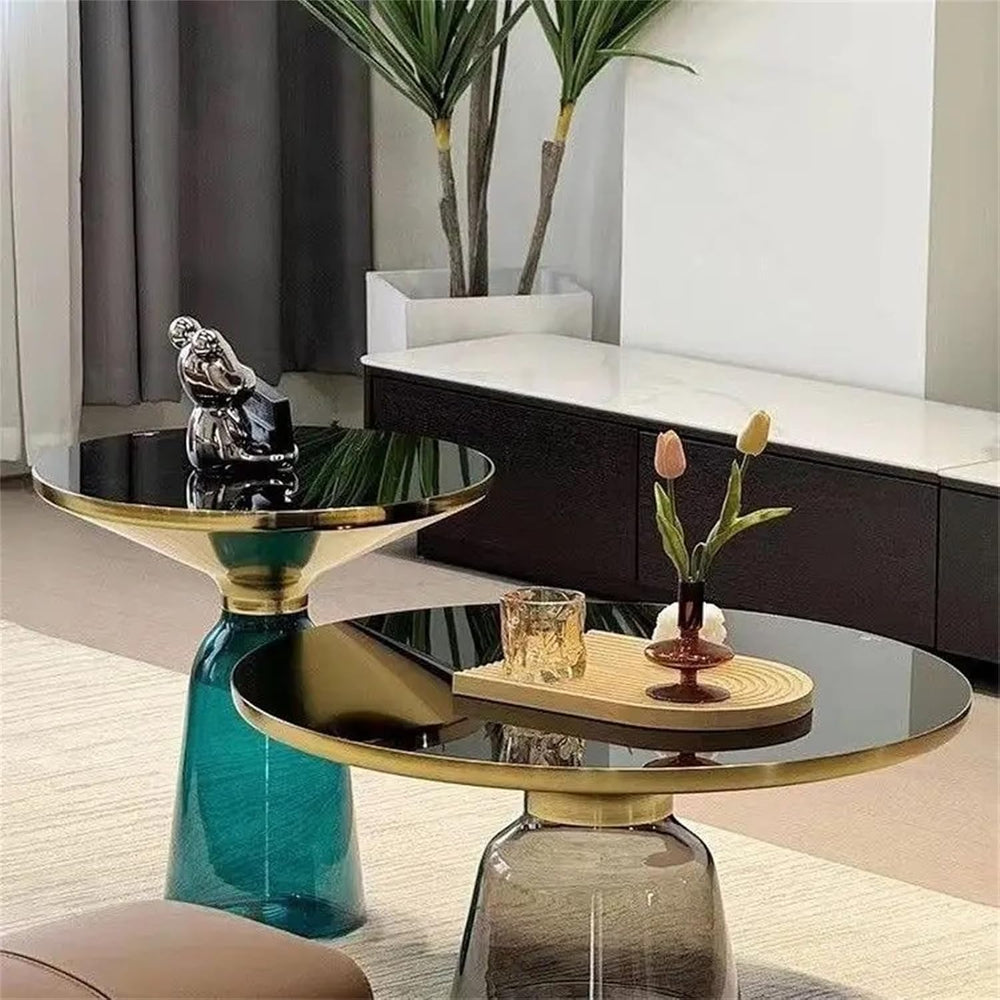 Small Glass Side Table for Living Room – Modern Round End Table with Hand-Blo...