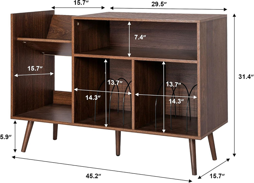 Large Record Player Stand, Mid-Century Vinyl Record Storage Table with Wood L...