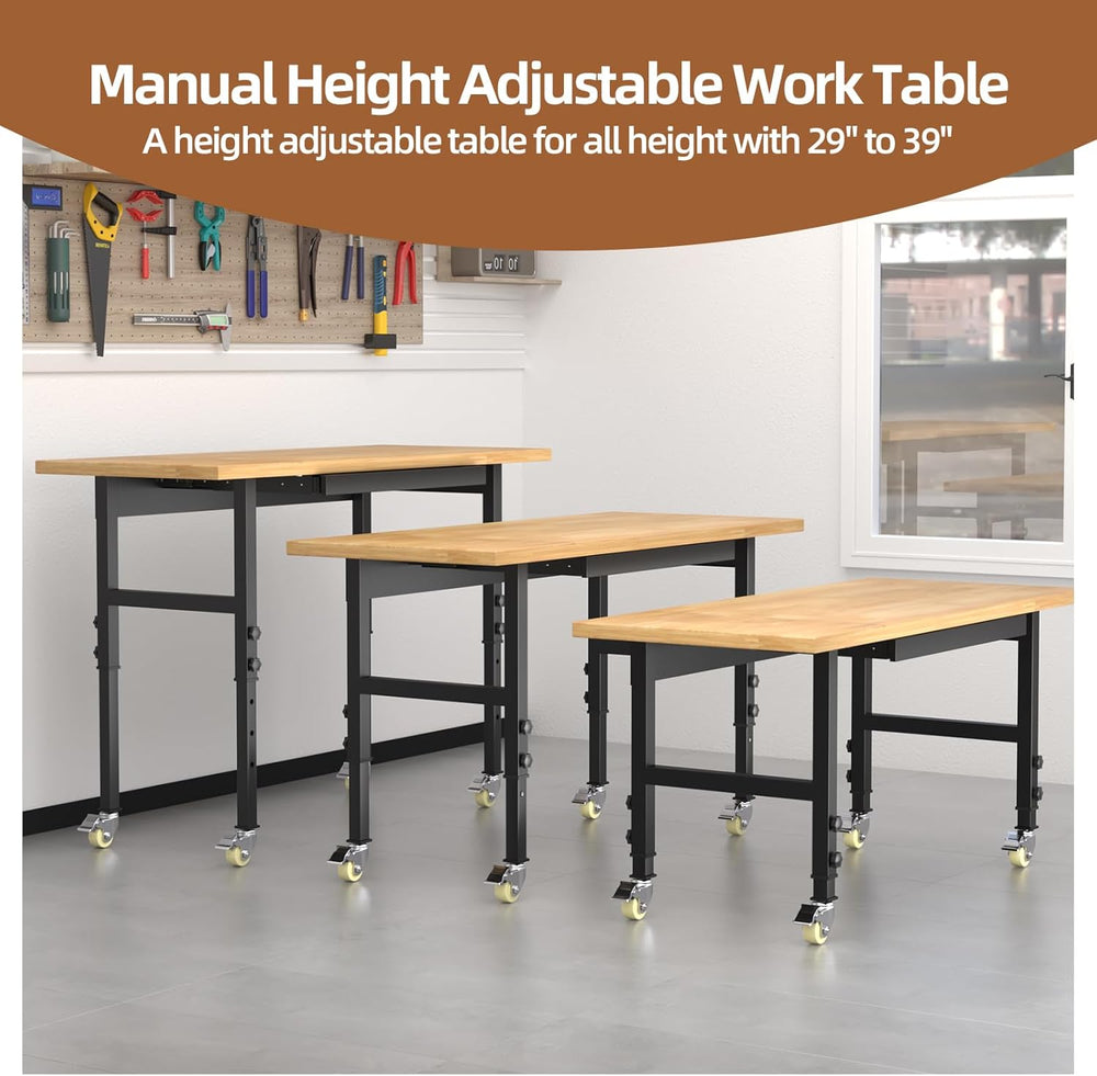 60'' Adjustable Workbench, Solid Wood Work Bench Table with Wheels an...
