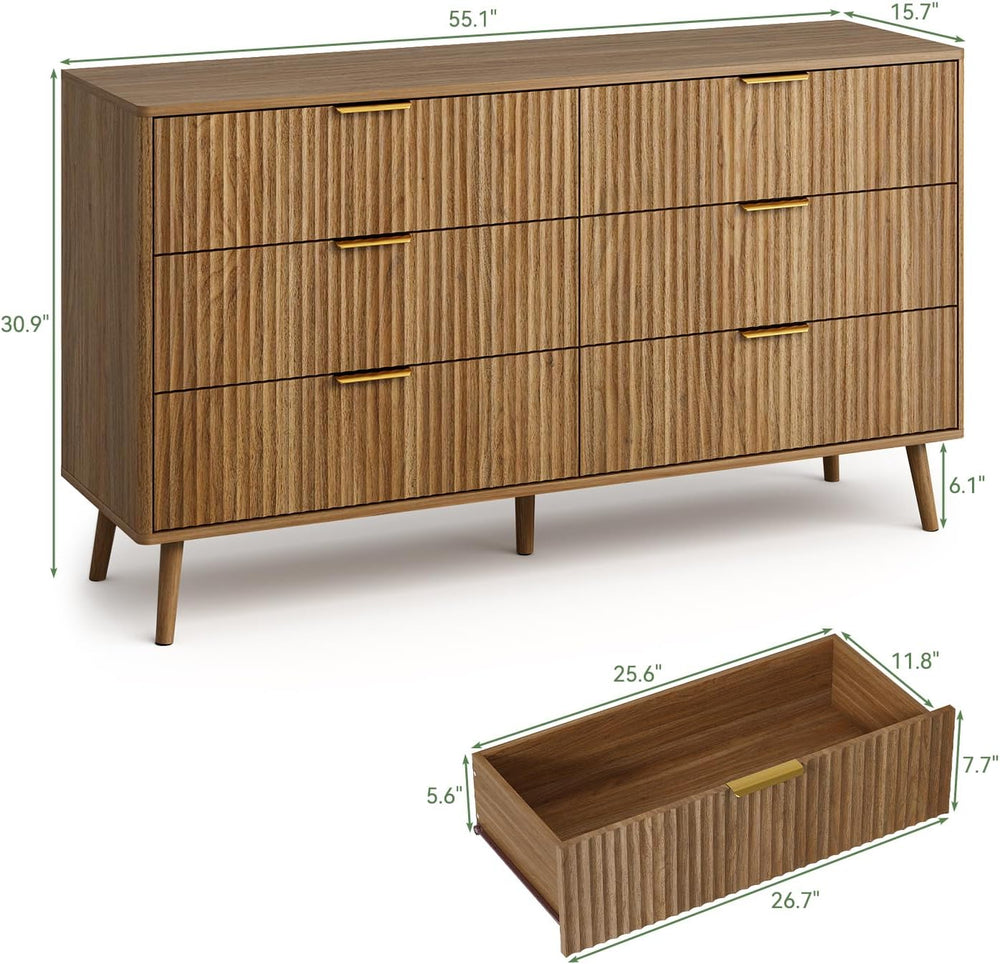 LYNSOM Fluted Dresser and Nightstand Sets 3 Piece, 6-Drawers Dresser and 1-Dr...