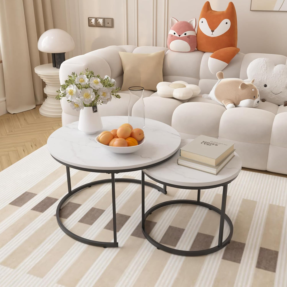 Small Round Nesting Coffee Table Set of 2 for Living Room, Modern Wood Marble...